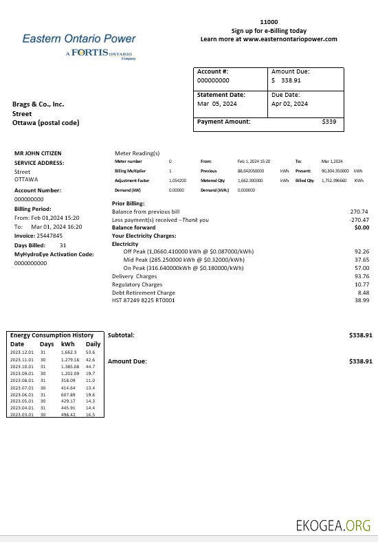 Modèle de facture de services publics pour les entreprises de Canada Eastern Ontario Power en formats Word et PDF